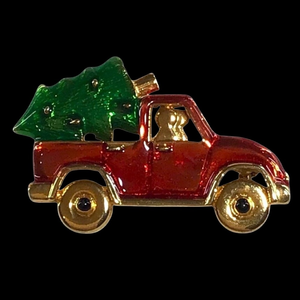 Vintage Gold Tone Christmas Tree Truck Brooch Pin